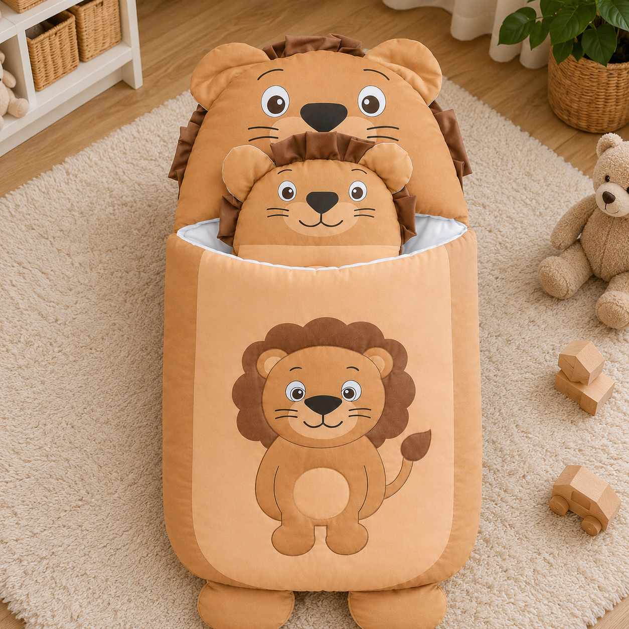 HAPPIMUMS CHARACTER CUDDLY CARRY NEST WITH PILLOW - BROWN LION