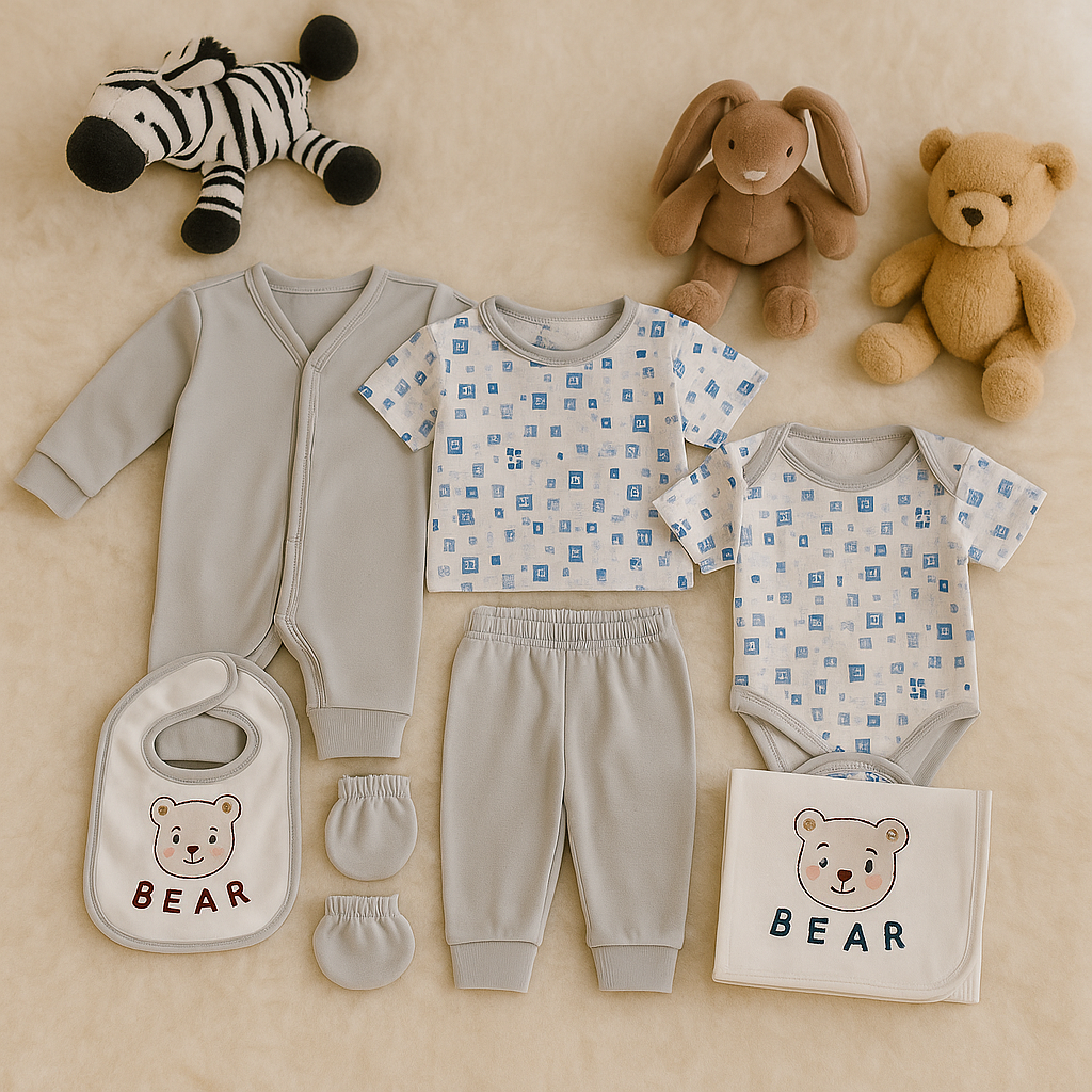 8 PIECE NEWBORN BABY CLOTHING SET – COTTON OUTFITS WITH BIB, HAT & MITTENS – UNISEX BEAR PRINT