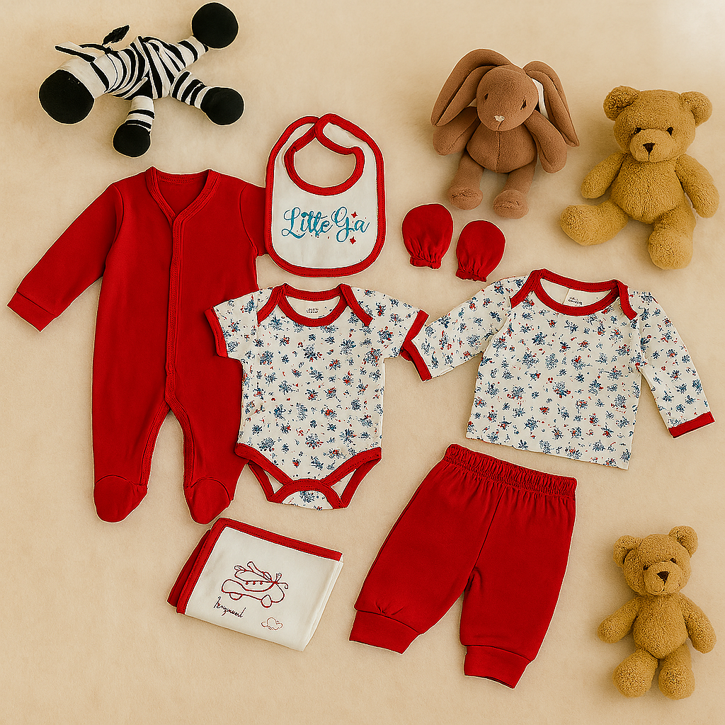 8 PIECE NEWBORN BABY CLOTHING SET – COTTON OUTFITS WITH HAT, BIB & BLANKET – RED LITTLE STAR AIRPLANE PRINT – UNISEX