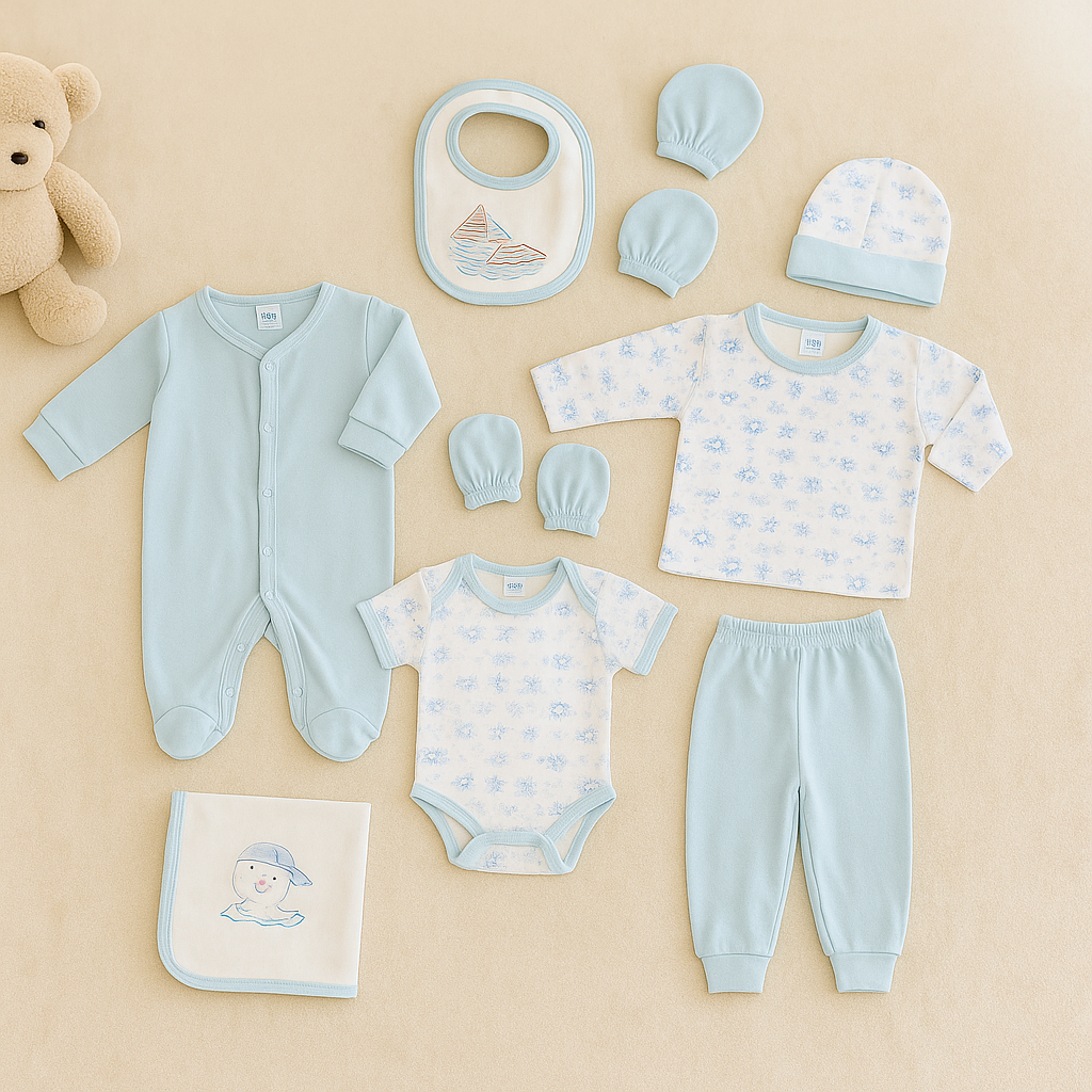 8 PIECE NEWBORN BABY CLOTHING SET – NAUTICAL THEME OUTFITS WITH HAT, BIB & BLANKET – SKY BLUE COTTON – UNISEX