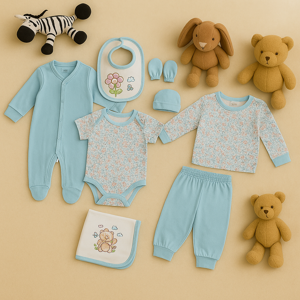 8 PIECE NEWBORN BABY CLOTHING SET – SOFT COTTON OUTFITS WITH HAT, MITTENS & BIB – SKY BLUE FLORAL PRINT – UNISEX