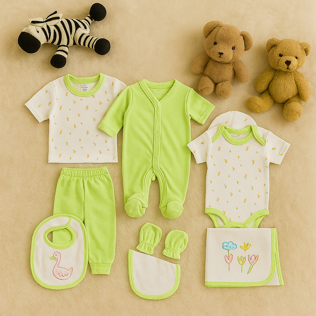 8 PIECE NEWBORN BABY CLOTHING SET – COTTON OUTFITS WITH BIB, BLANKET & HAT – LIGHT GREEN FLORAL PRINT – UNISEX