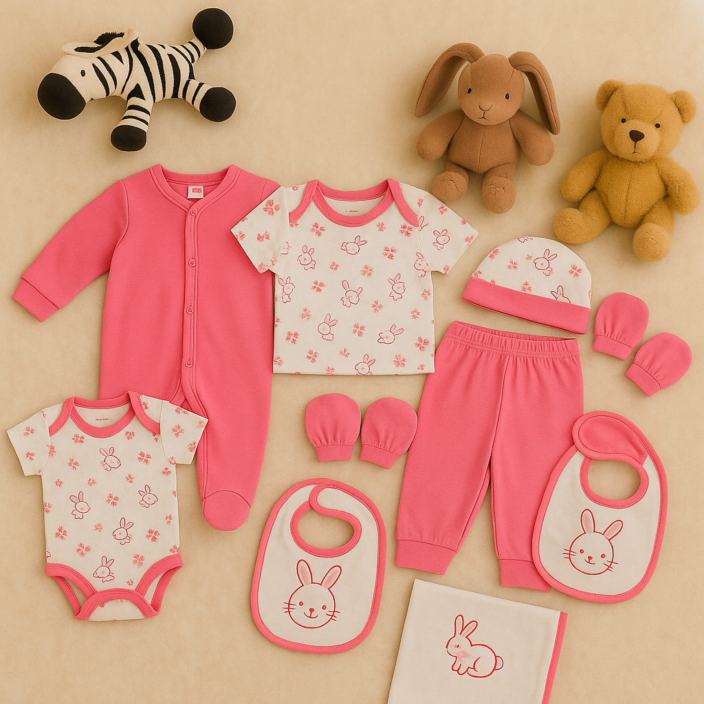 8 PIECE BABY GIRL CLOTHING SET – COTTON OUTFITS WITH HAT, MITTENS & BIB – PINK BUNNY PRINT
