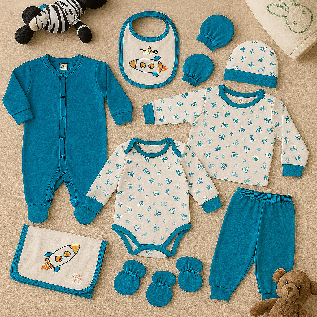 8 PIECE BABY STARTER CLOTHING SET – COTTON NEWBORN ESSENTIALS FOR BOYS