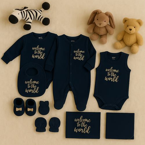 12 PIECE BLUE BABY CLOTHING SET – WELCOME TO THE WORLD – NEWBORN GIFT