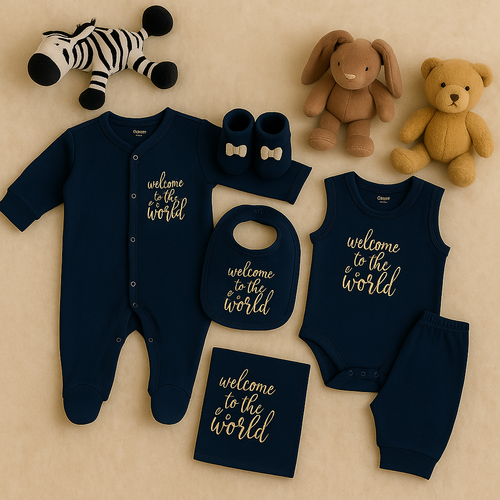 12 PIECE BLACK BABY CLOTHING SET – WELCOME TO THE WORLD – NEWBORN GIFT