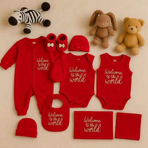 12 PIECE RED BABY CLOTHING SET – WELCOME TO THE WORLD – NEWBORN GIFT