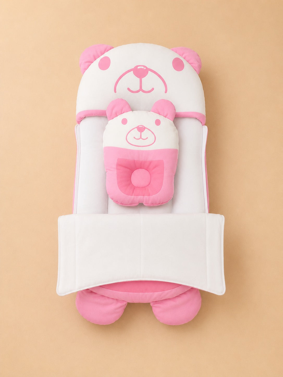 HAPPIMUMS CHARACTER CUDDLY CARRY NEST WITH PILLOW - PINK BEAR