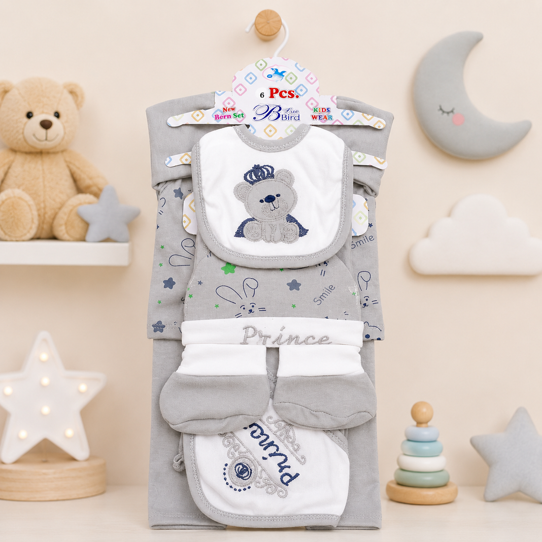 6 PCS NEWBORN BABY GIFT SET – PRINCE TEDDY EMBROIDERED DESIGN (GREY)