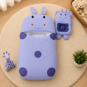POLKA DOT GIRAFFE DESIGN COTTON POLYESTER BABY SLEEPING BAG WITH MATCHING PILLOW - BLUE