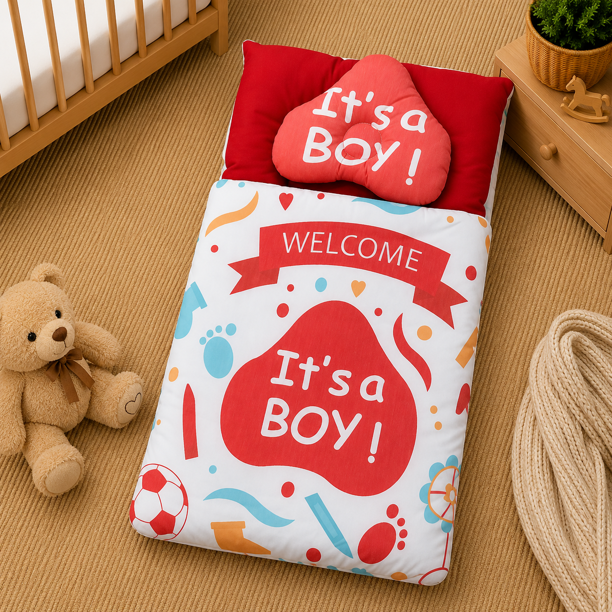 PREMIUM BABY BEDDING SET – “IT’S A BOY” CELEBRATION DESIGN (RED & WHITE)