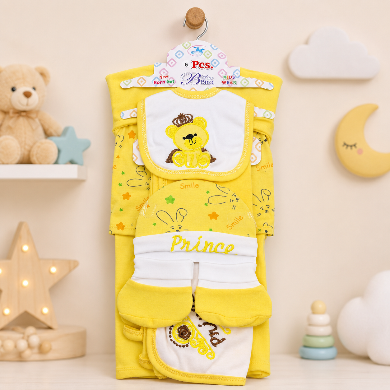 6 PCS NEWBORN BABY GIFT SET – PRINCE TEDDY EMBROIDERED DESIGN (YELLOW)