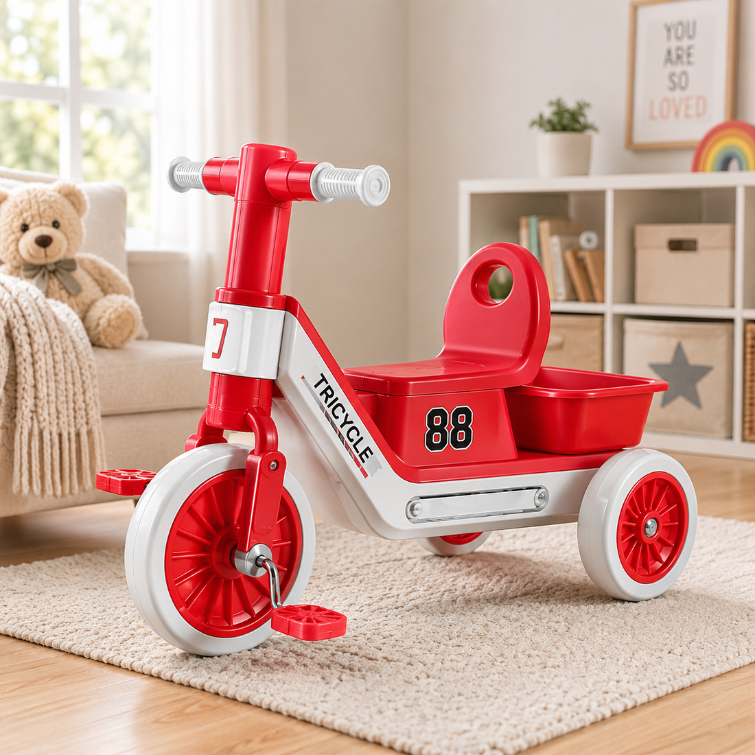 SPORTS STYLE KIDS TRICYCLE WITH STORAGE SEAT - RED