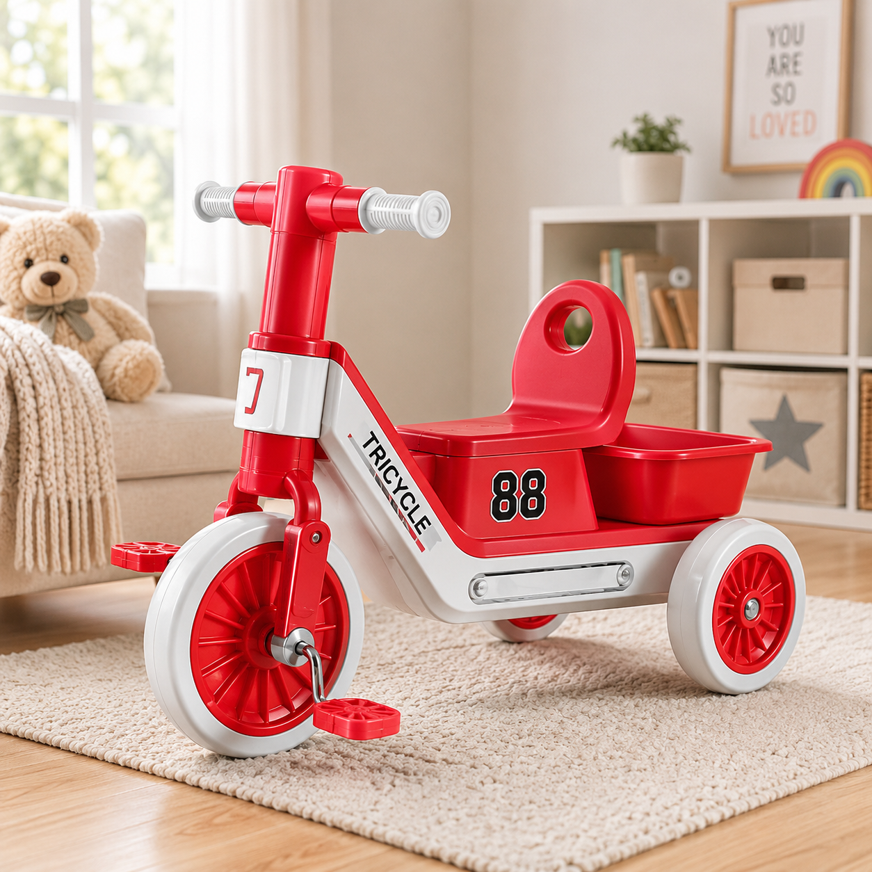 SPORTS STYLE KIDS TRICYCLE WITH STORAGE SEAT - RED