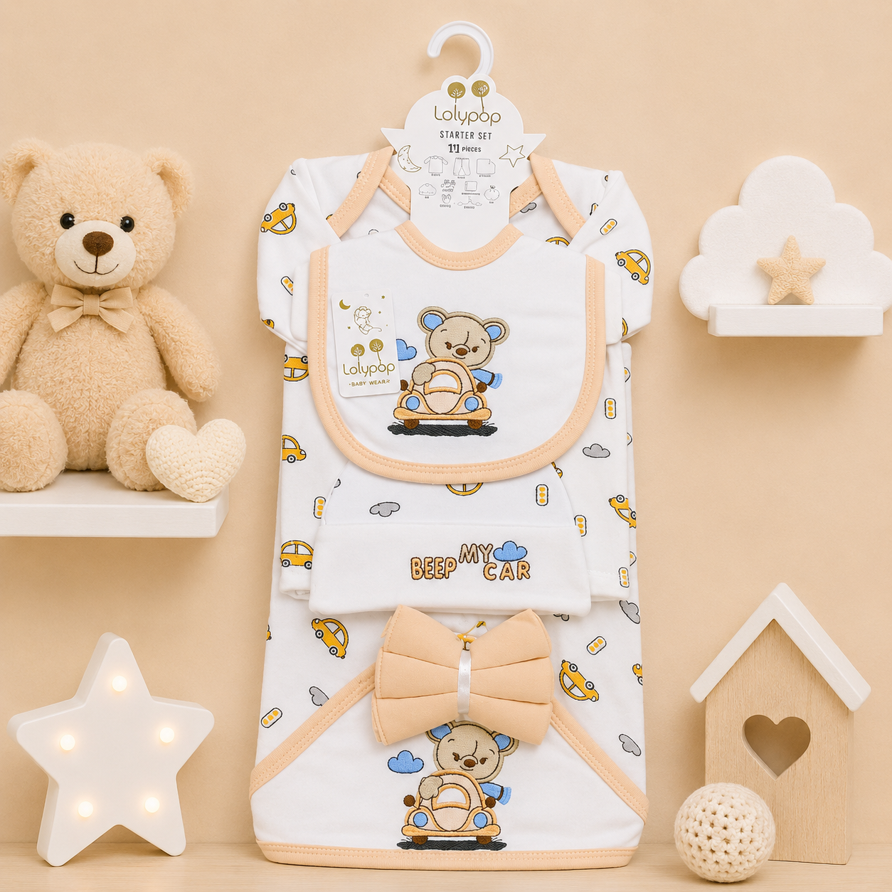 LOLYPOP 11 PCS NEWBORN BABY STARTER GIFT SET – TEDDY BEAR CAR EMBROIDERED DESIGN (PEACH)