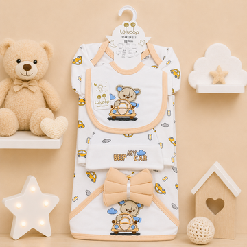 LOLYPOP 11 PCS NEWBORN BABY STARTER GIFT SET – TEDDY BEAR CAR EMBROIDERED DESIGN (PEACH)