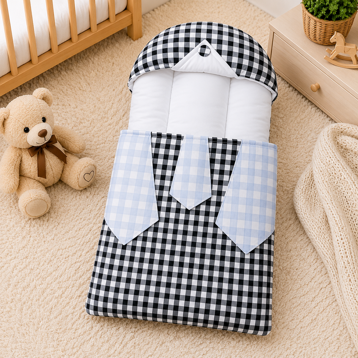 CHECKERED COTTON POLYESTER BABY CARRY NEST WITH SHIRT DESIGN - BLACK
