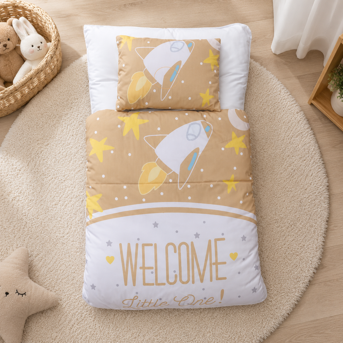 ROCKET SPACE PRINT COTTON POLYESTER BABY BEDDING SET WITH PILLOW - BEIGE