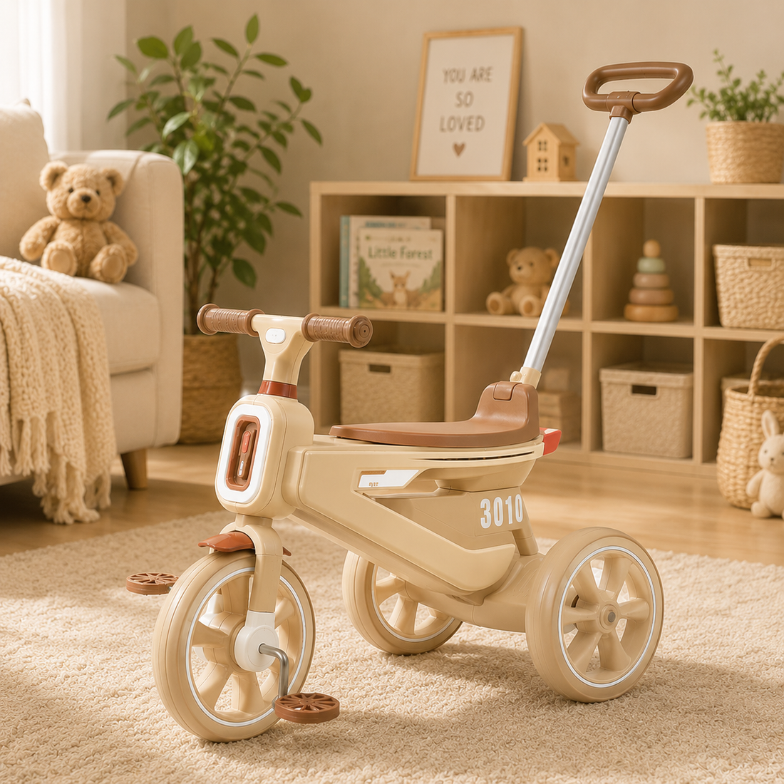 PREMIUM KIDS PUSH TRICYCLE WITH HANDLE - BEIGE
