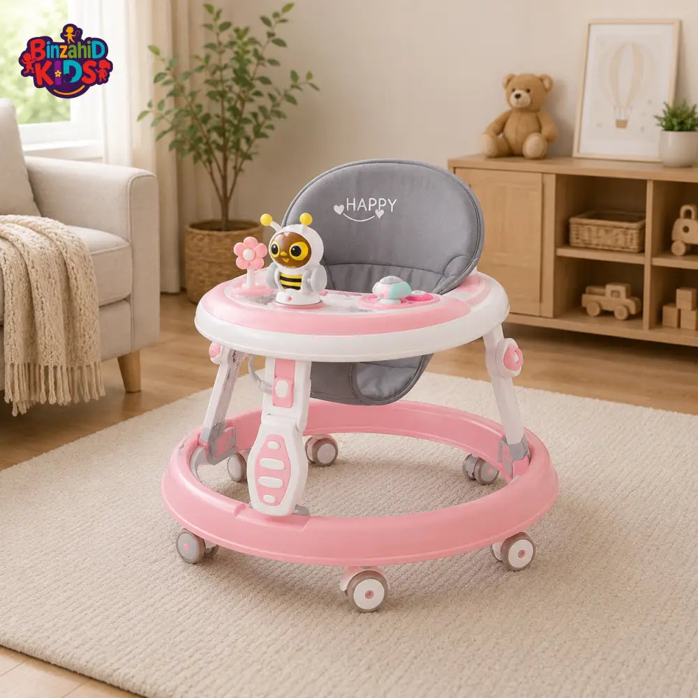 ADJUSTABLE BABY WALKER WITH PLAY TRAY - PINK