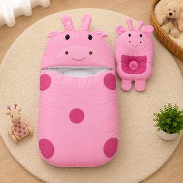 POLKA DOT GIRAFFE DESIGN COTTON POLYESTER BABY SLEEPING BAG WITH MATCHING PILLOW - PINK