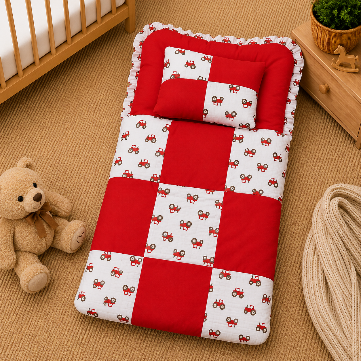 PREMIUM BABY BEDDING SET – TRACTOR PATCHWORK DESIGN (RED & WHITE)