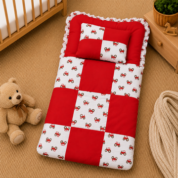 PREMIUM BABY BEDDING SET – TRACTOR PATCHWORK DESIGN (RED & WHITE)