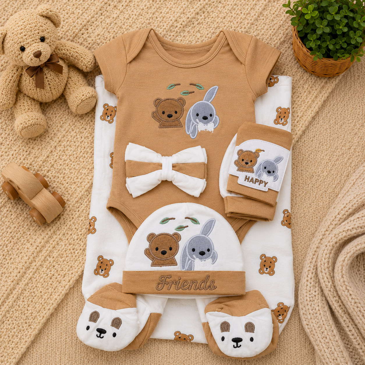 PREMIUM NEWBORN BABY STARTER GIFT SET – TEDDY & BUNNY FRIENDS DESIGN (BEIGE & WHITE)
