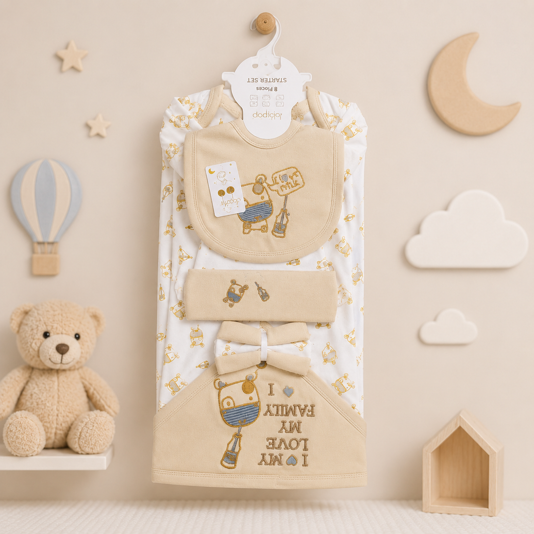 LOLYPOP 9 PCS NEWBORN BABY STARTER GIFT SET – I LOVE MY FAMILY EMBROIDERED DESIGN (CREAM)