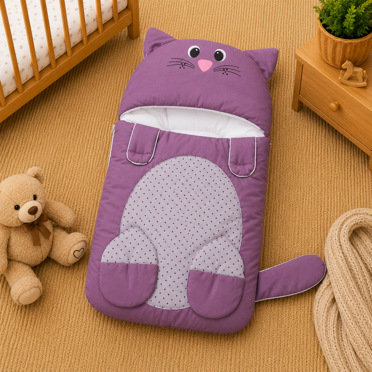 PREMIUM BABY HOODED SLEEPING BAG – CUTE KITTEN DESIGN (LAVENDER & WHITE)