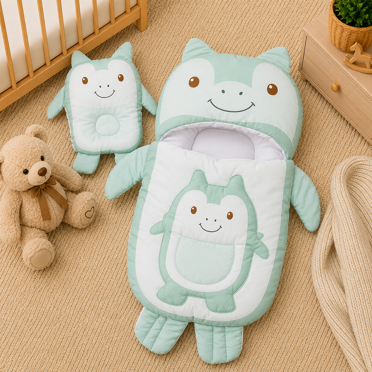 MONSTER DESIGN COTTON POLYESTER BABY SLEEPING BAG WITH MATCHING PILLOW - GREEN