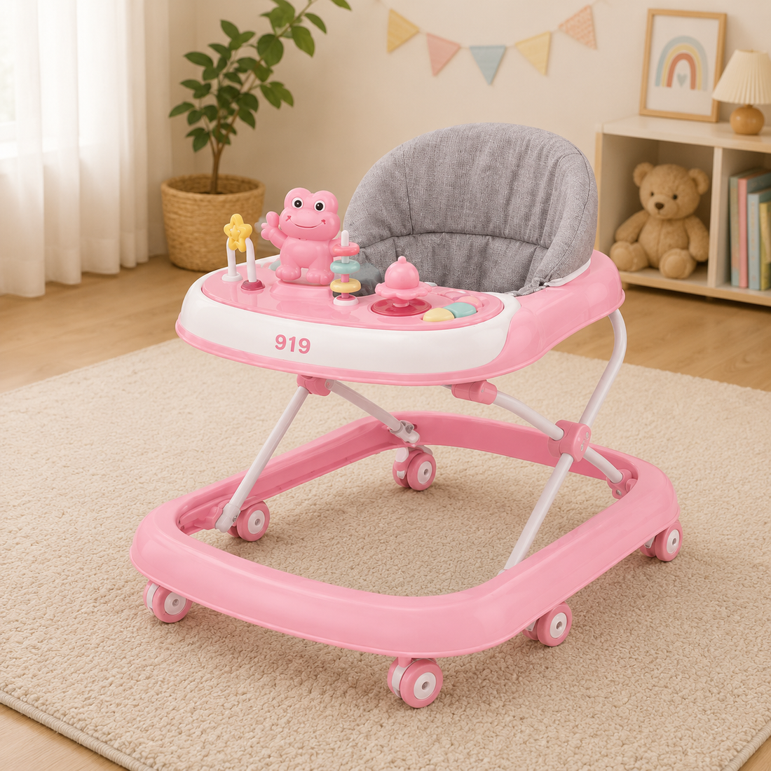 FOLDABLE BABY WALKER WITH ACTIVITY TRAY - PINK