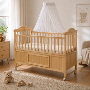 WOODEN BABY CRIB WITH STORAGE PANEL AND MOSQUITO NET - NATURAL
