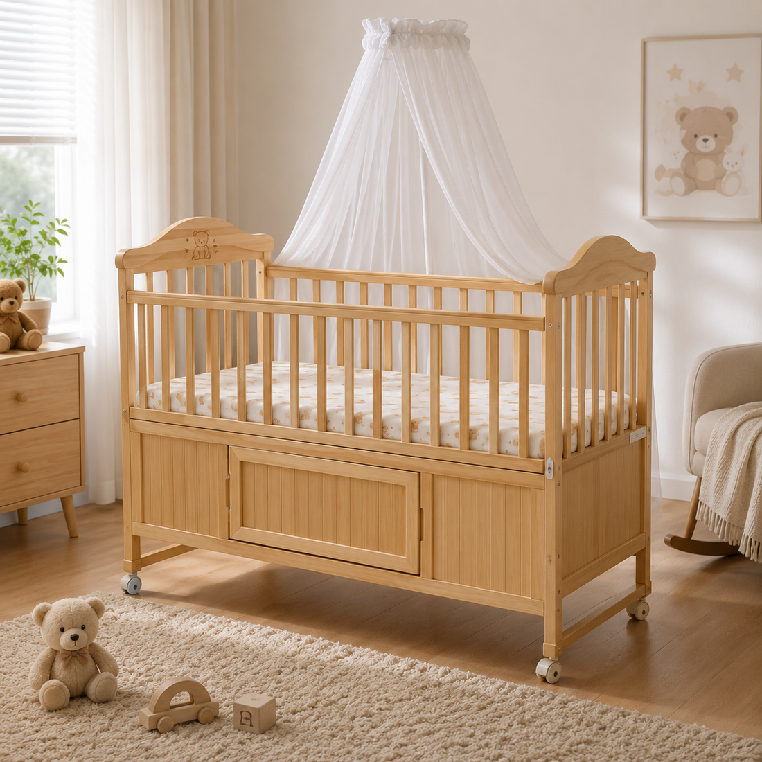 WOODEN BABY CRIB WITH STORAGE PANEL AND MOSQUITO NET - NATURAL