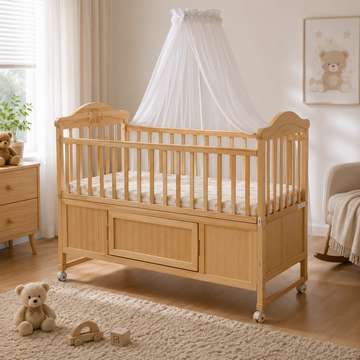 WOODEN BABY CRIB WITH STORAGE PANEL AND MOSQUITO NET - NATURAL