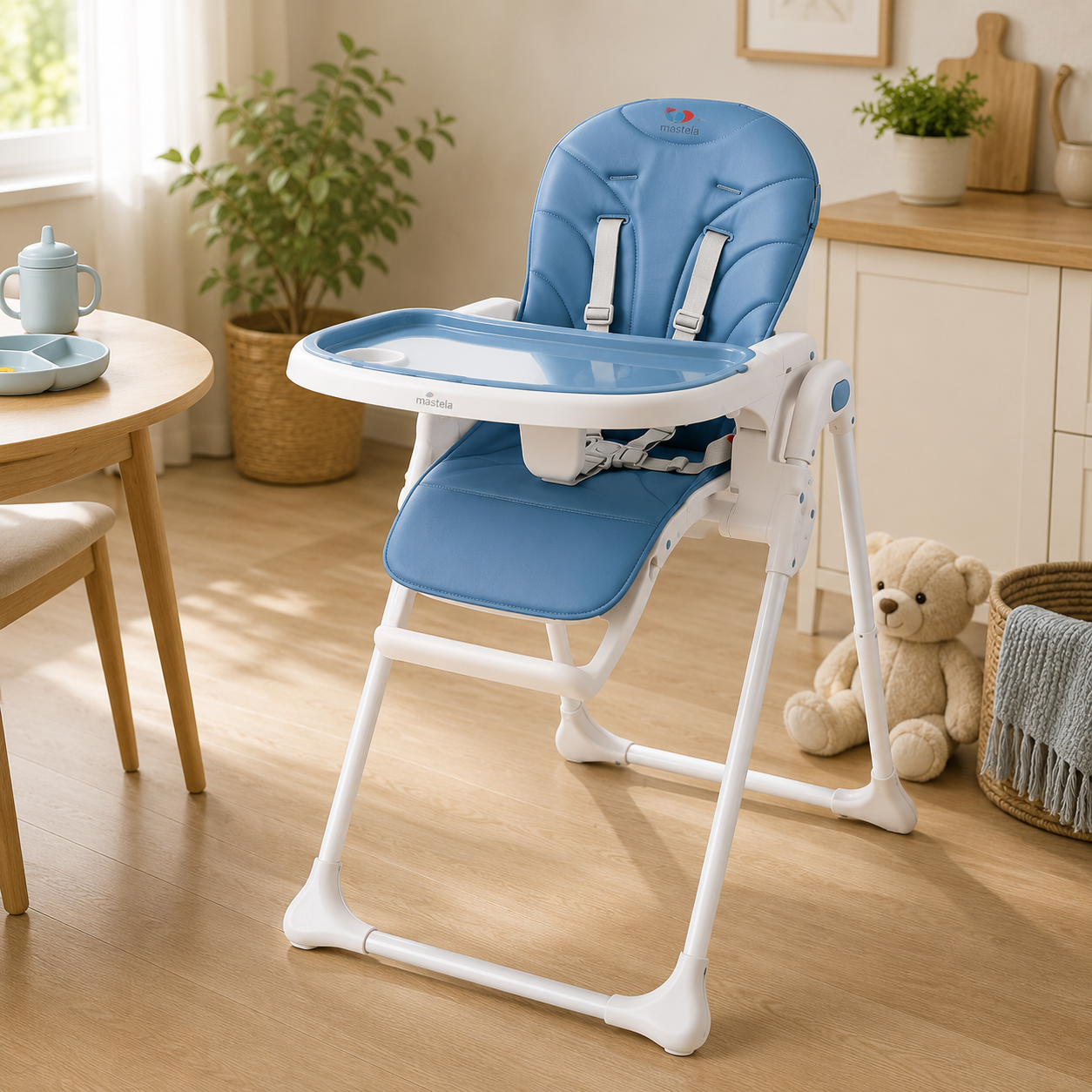 TINNIES PREMIUM BLUE ADJUSTABLE BABY HIGH CHAIR WITH RECLINE HEIGHT CONTROL & SAFETY HARNESS