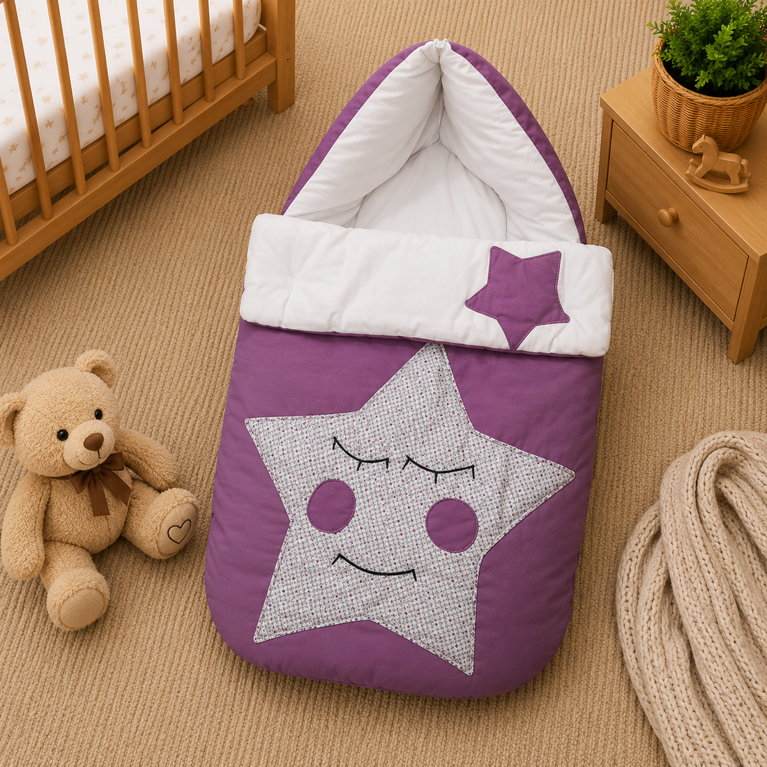 PREMIUM BABY HOODED SLEEPING BAG – STAR PATCHWORK DESIGN (LAVENDER & WHITE)
