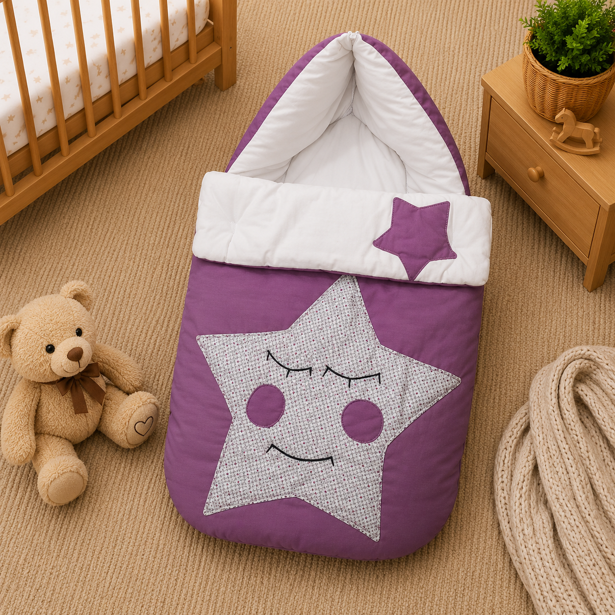 PREMIUM BABY HOODED SLEEPING BAG – STAR PATCHWORK DESIGN (LAVENDER & WHITE)