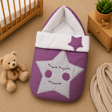 PREMIUM BABY HOODED SLEEPING BAG – STAR PATCHWORK DESIGN (LAVENDER & WHITE)