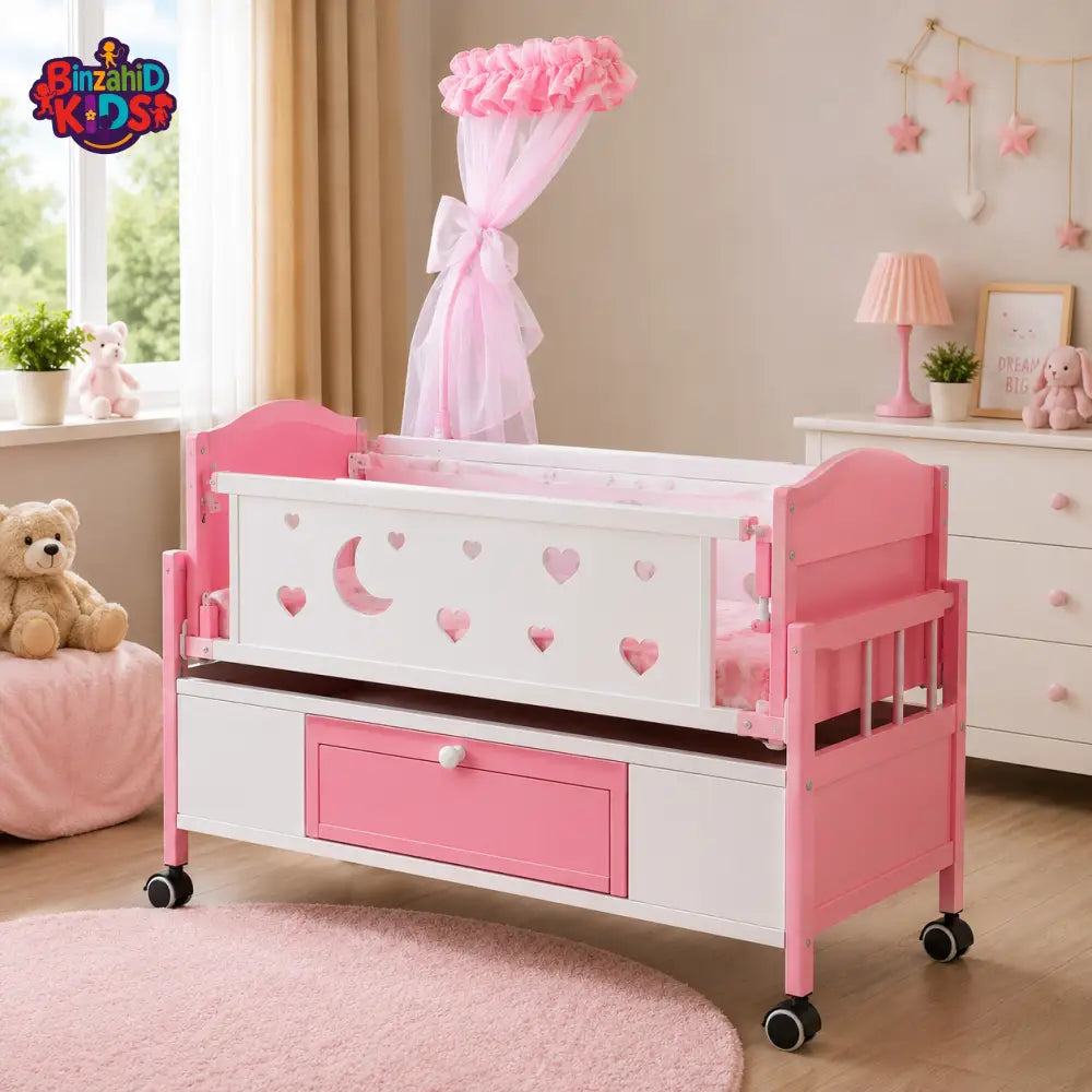 BABY WOODEN CRIB WITH MOSQUITO NET AND STORAGE DRAWER