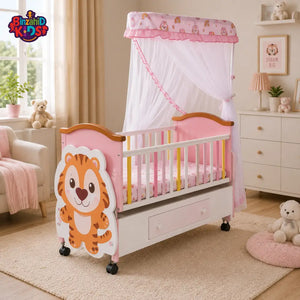BABY WOODEN CRIB WITH MOSQUITO NET AND STORAGE - PINK