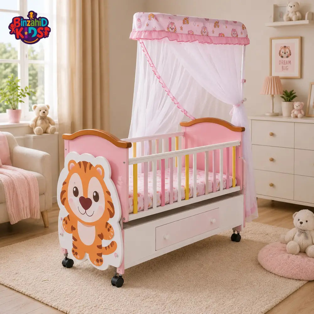 BABY WOODEN CRIB WITH MOSQUITO NET AND STORAGE - PINK