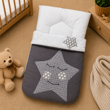 PREMIUM BABY SLEEPING BAG & BEDDING SET – STAR PATCHWORK DESIGN (GREY & WHITE)