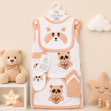 LITTLE WORLD 11 PCS NEWBORN BABY STARTER GIFT SET – PANDA EMBROIDERED DESIGN (PEACH)