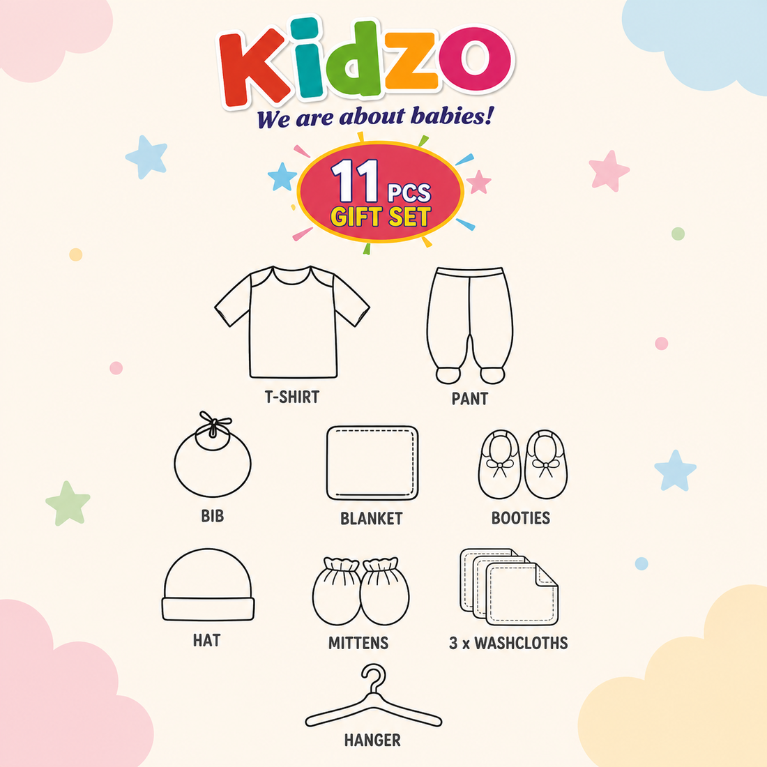 KIDZO 7 PCS NEWBORN BABY GIFT SET – PRINCESS EMBROIDERED DESIGN (WHITE)