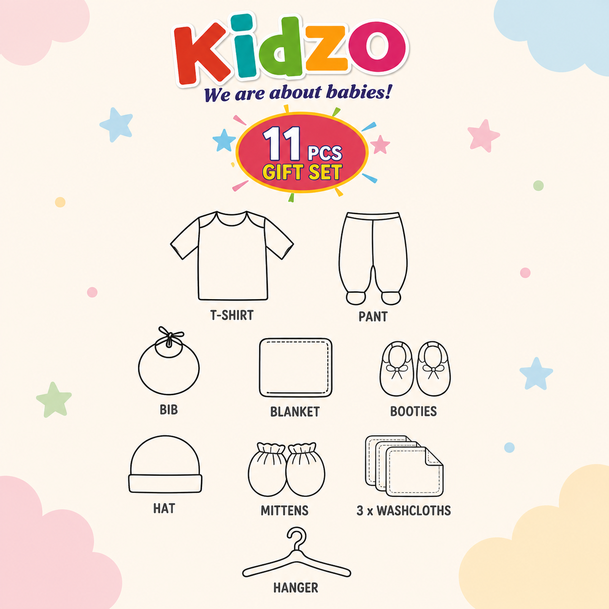 KIDZO 7 PCS NEWBORN BABY GIFT SET – PRINCESS EMBROIDERED DESIGN (WHITE)
