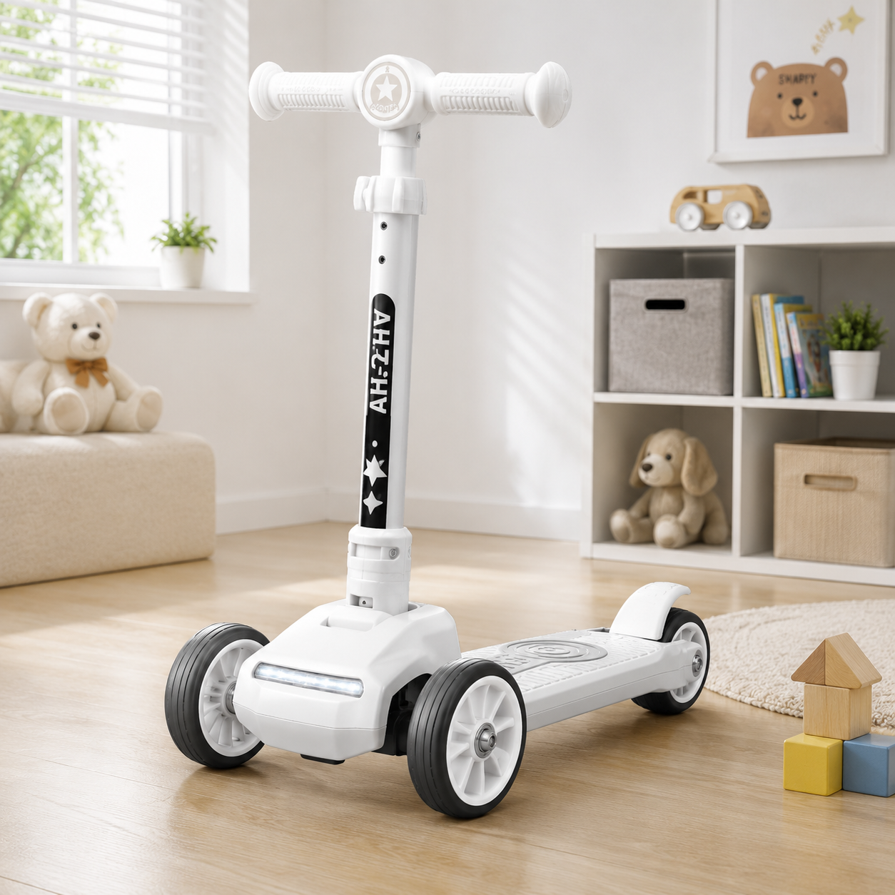 KIDS 3-WHEEL LED FOLDABLE SCOOTER WITH ADJUSTABLE HANDLE - WHITE