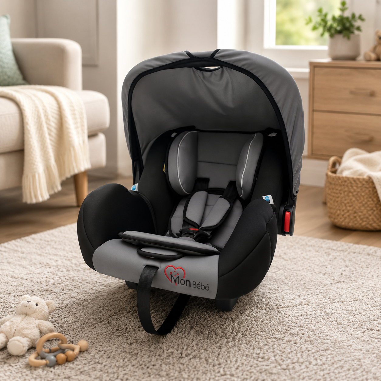 TINNIES COMFORTABLE & SECURE BABY CARRIER CAR SEAT – INFANT ROCKER WITH CANOPY (GREY 0-18 MONTHS)