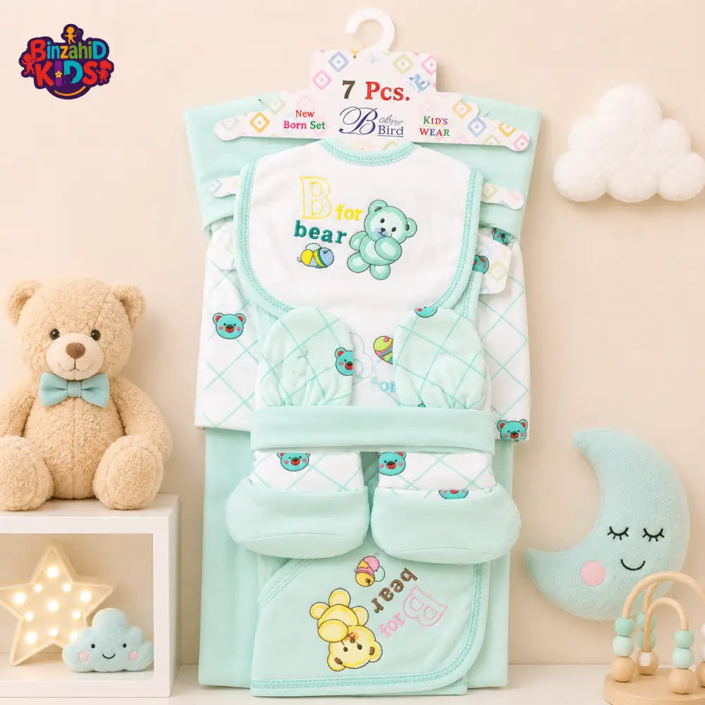 BLUE BIRD 7 PCS NEWBORN BABY GIFT SET – BEAR EMBROIDERED DESIGN (MINT GREEN)