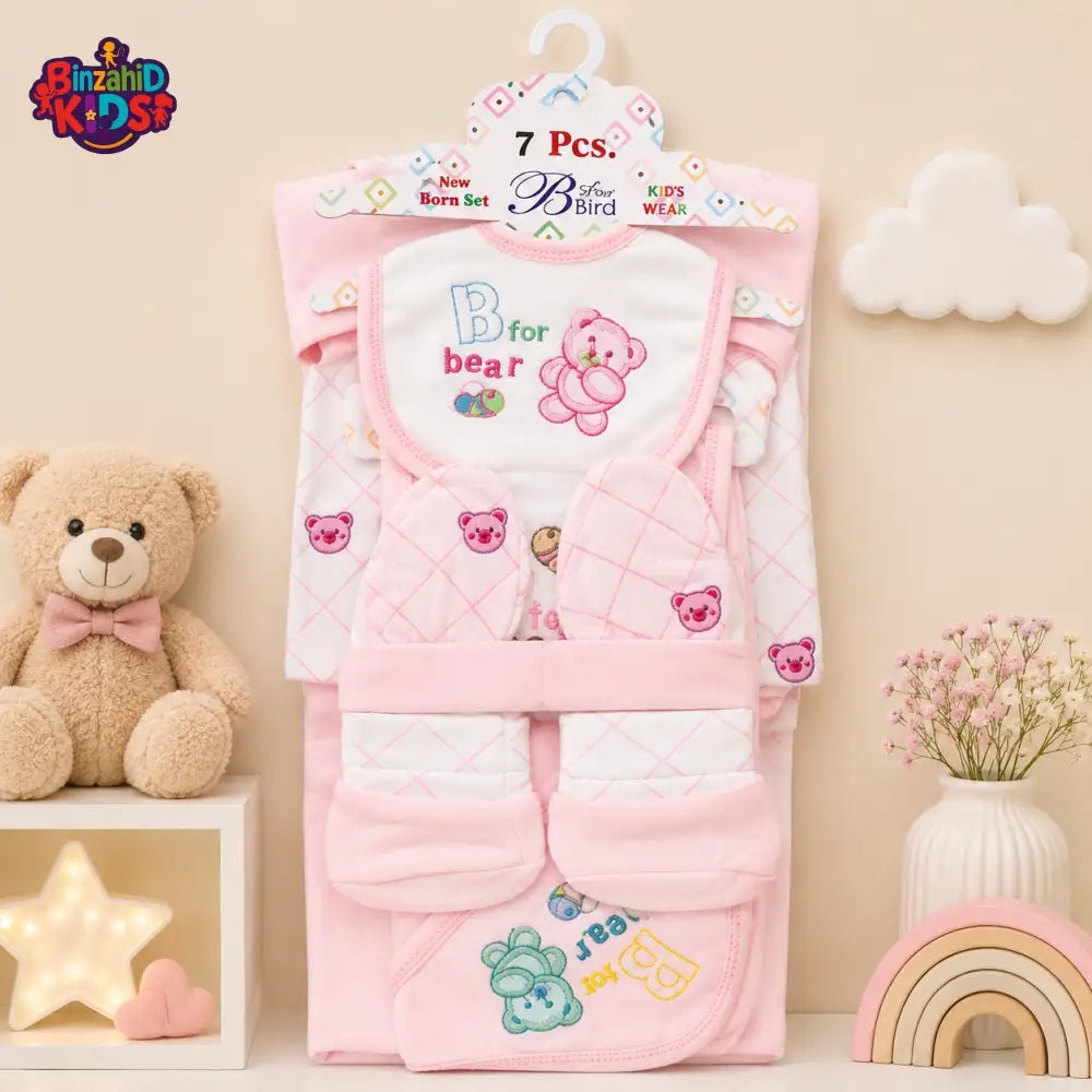 BLUE BIRD 7 PCS NEWBORN BABY GIFT SET – BEAR EMBROIDERED DESIGN (PINK)